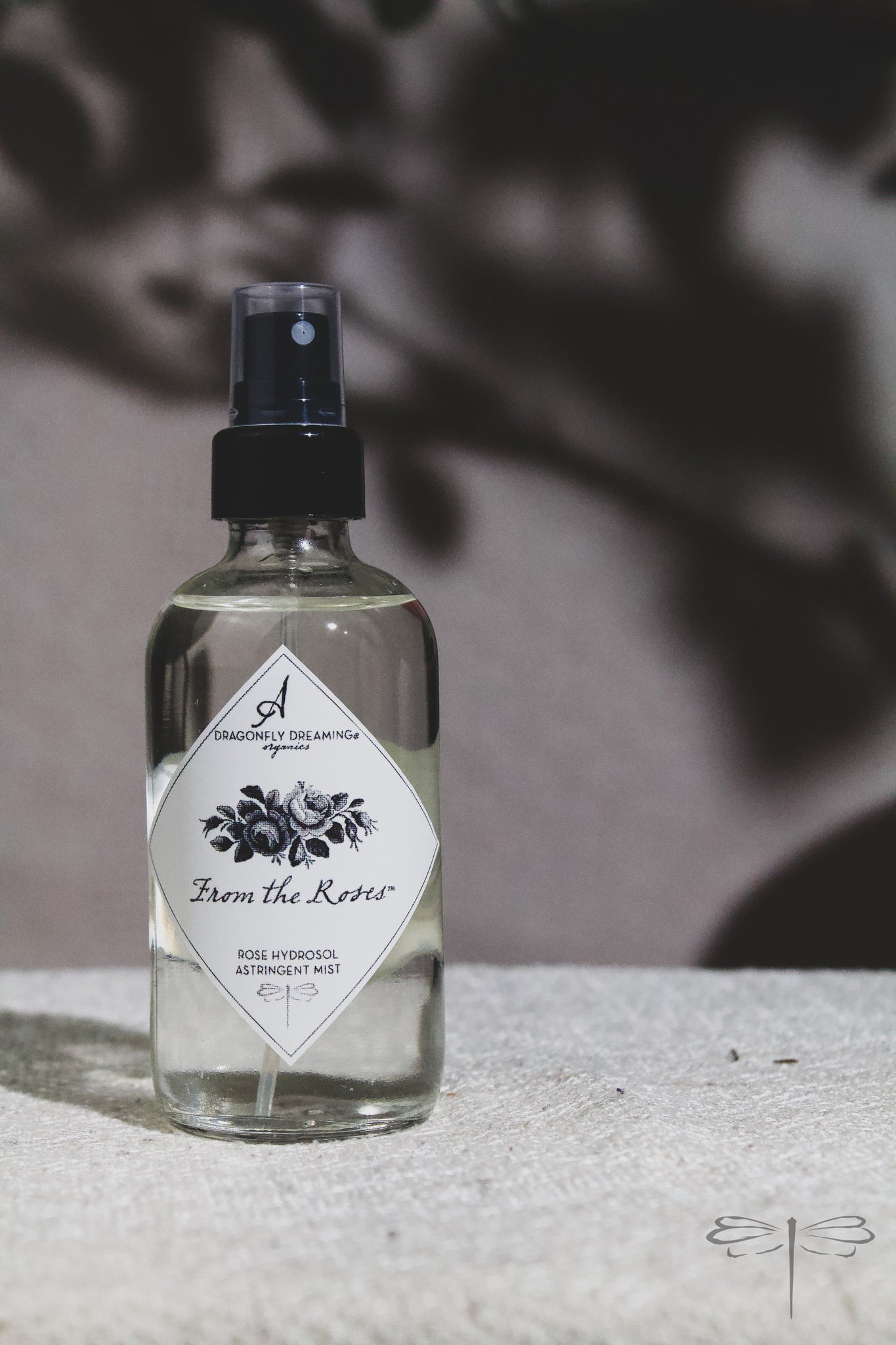 Pictured here, From the Roses Rose Hydrosol Astringent Mist by Dragonfly Dreaming Organics