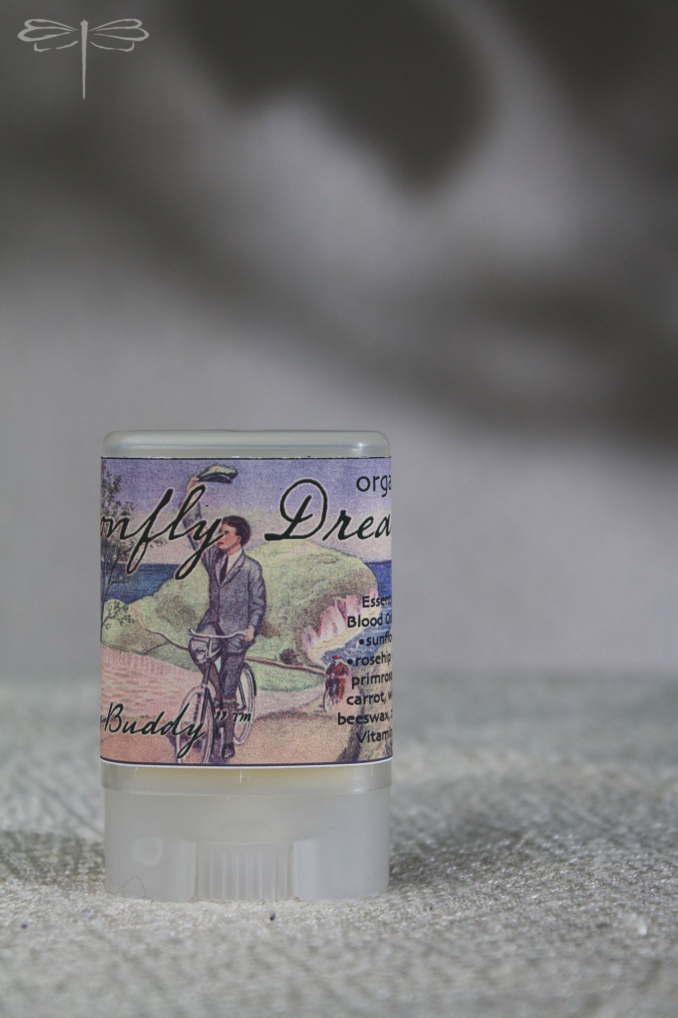Pictured here, Biking Buddt. Organic Lip Balm by Dragonfly Dreaming Organics