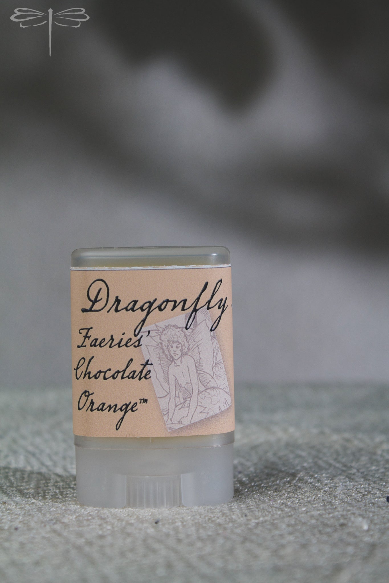 Pictured here, Faeries Chocolate Orange Organic Lip Balm by Dragonfly Dreaming Organics