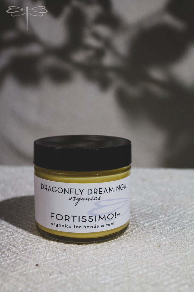Pictured here, 60mL Fortissimo Serious Salve by Dragonfly Dreaming Organics