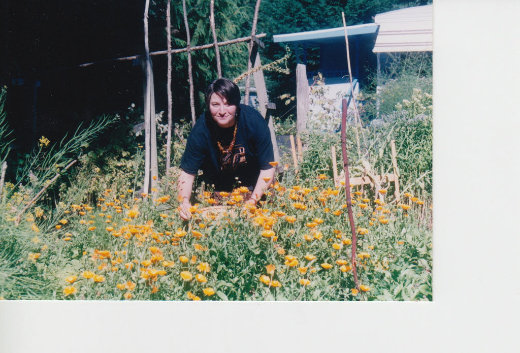 Beth Lischeron in calendula garden 1998