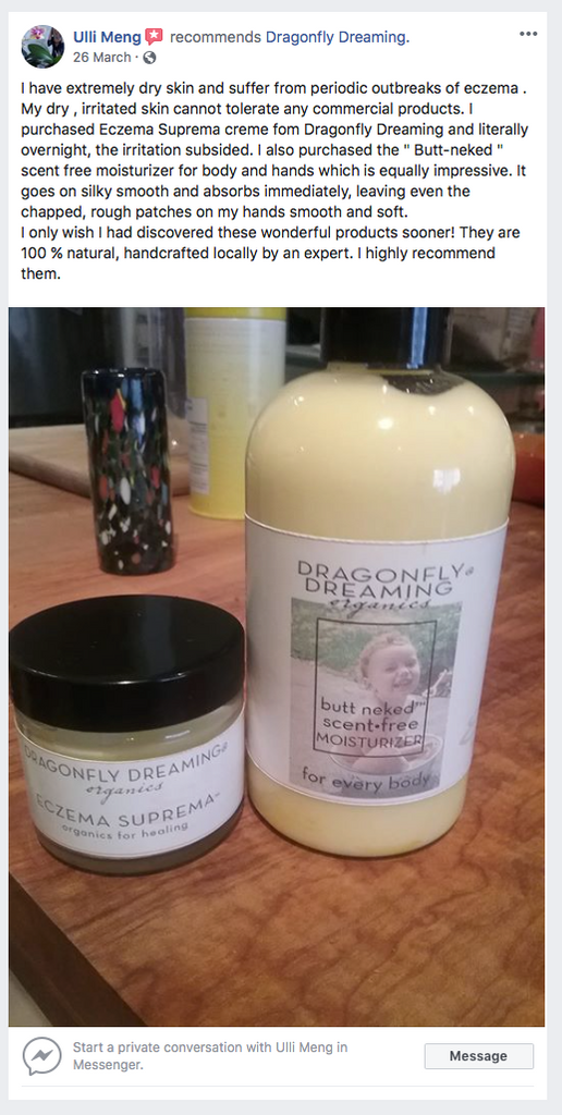 Glowing customer review for Butt Neked Scent Free Moisturizer and Eczema Suprema